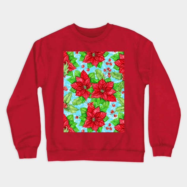 Poinsettia and holly berry watercolor Christmas pattern Crewneck Sweatshirt by katerinamk